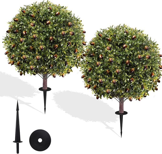 27.5" Artificial Olive Boxwood Topiary Ball Tree, Set of 2 Fake Bushes Shrubs with Ground Spike, UV Resistant Faux Evergreen Boxwood Plants for Outdoor Indoor Planters Front Porch Garden Decor