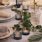 30Pcs Blue Tealight Candle Holder, Ribbed Votive Candle Holders Glass with 32pcs Tea Light Candles for Wedding Decor, Home Decor and Party Decor