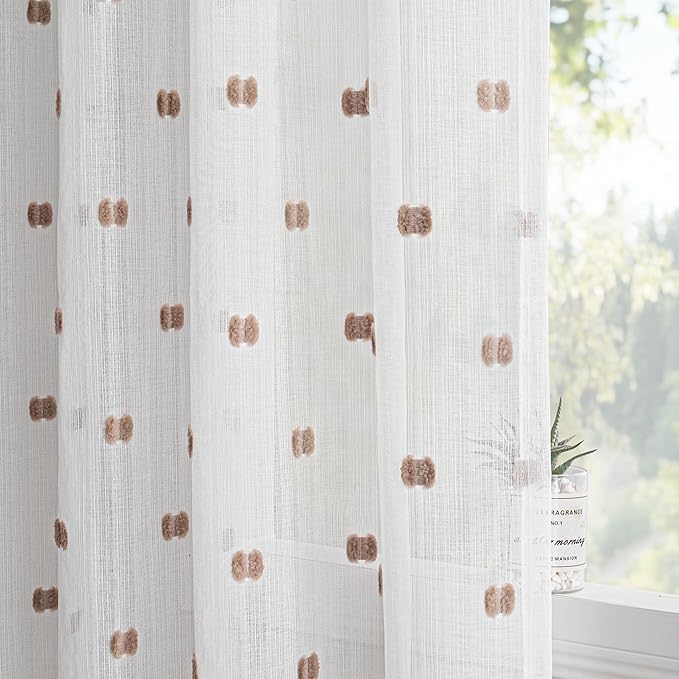 MYSKY HOME White Curtains for Bedroom 63 Inch Length Long Sheer Curtains for Kids Room Nursery Curtains with Taupe Patched Design Rod Pocket Privacy Window Drapes Dining Room 52" x 63" 2 Panels