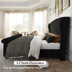 AMERLIFE California King Size Platform Bed Frame, Velvet Upholstered Sleigh Bed with Scroll Wingback Headboard & Footboard/Button Tufted/No Box Spring Required/Black