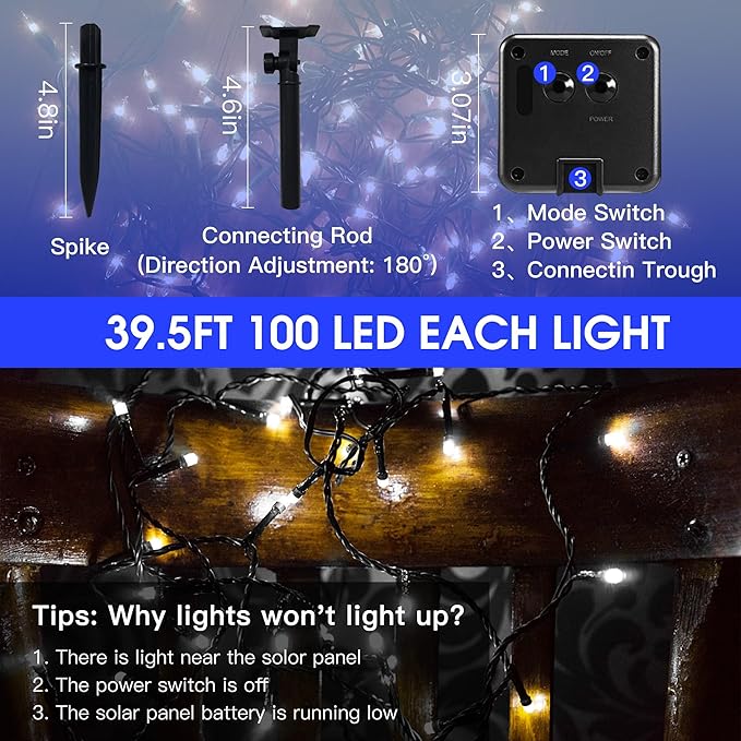 Solar String Lights Outdoor, 2 Pack 79FT 200 LED Waterproof Solar Christmas Lights with 8 Lighting Modes for Tree Yard Garden Party Xmas Decorations