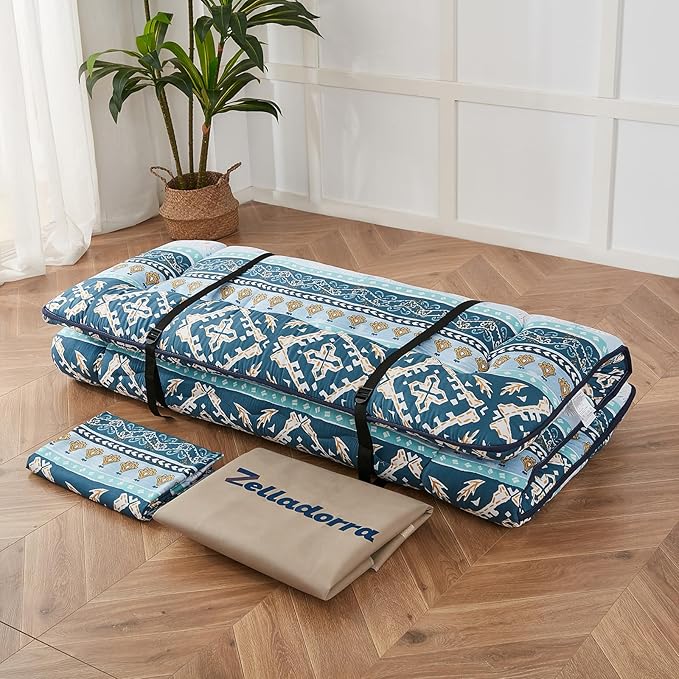 Japanese Floor Mattress, Futon Mattress with Portable Storage Bag and Washable Cover, Roll Up Thick Tatami Mat Suitable for Camping, Guest Room (Blue Striped Jacquard, Twin)