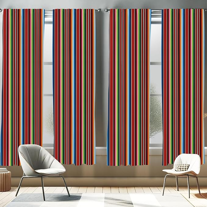 Ambesonne Cinco de Mayo Window Curtains Pack of 2, Mexican Serape Colorful Stripes Vertical Lines Latino Design Illustration, Lightweight Set with Rod Pocket, 4 Panels of - 28" x 95", Burgundy Blue