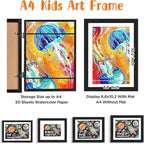 KINLINK A4 Kids Art Frames Set of 2, Solid Wood Kids Artwork Frames Changeable with Acrylic Front Opening Holds 150 Pictures 8.3x11.7, Art Frame for Kids Artwork with Mat or without Mat, Black