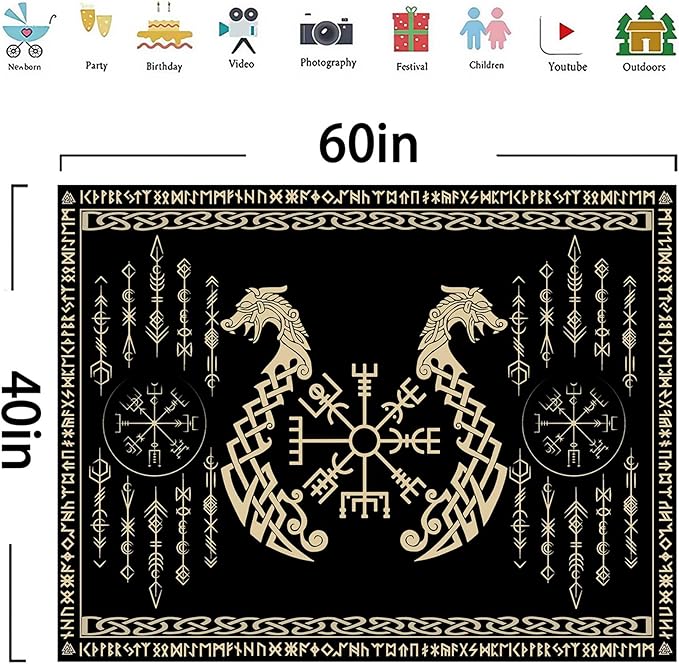 OSUNBD Nordic Vikings Tapestry, Small 6040 inches Soft Flannel, Vegvsir Symbol Twins Dragons Celtic Rune Scandinavian Aesthetic Mythology Tapestry Wall Hanging for Bedroom Living Room Decor