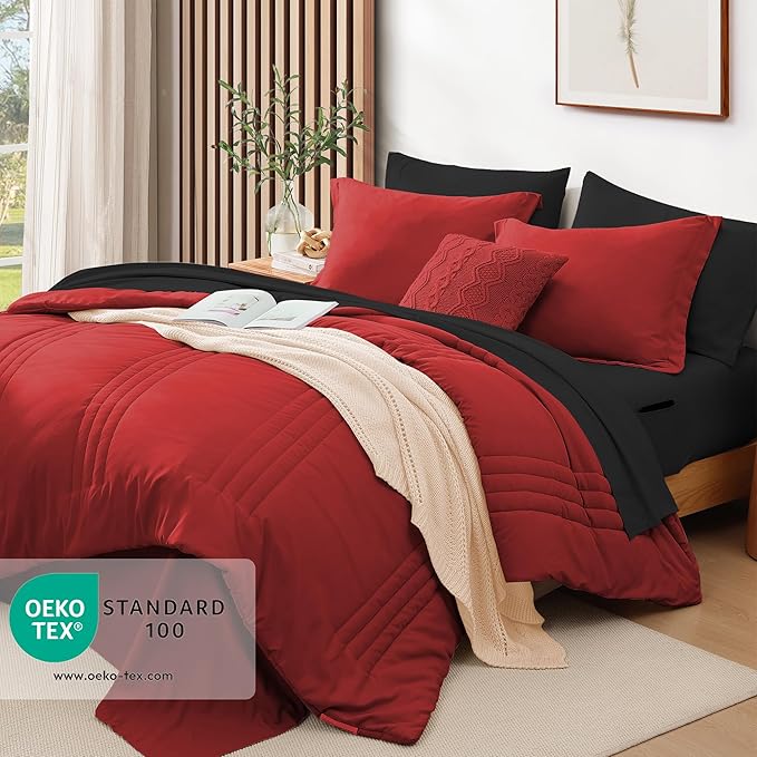 Monbix King Size Comforter Set - 7 Pieces Bed in a Bag King, Bright Red Bedding Sets with Comforter, All Seasons Down Alternative Comforter Bed Set with Sheets, Pillowcases & Shams