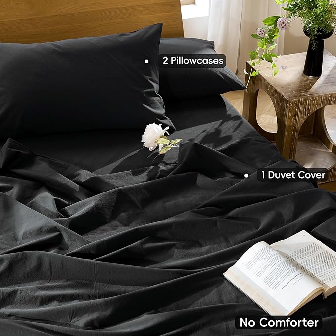 MooMee Bedding Duvet Cover Set 100% Washed Cotton Linen Like Textured Breathable Durable Soft Comfy (Solid Black, Super King 108"x98")
