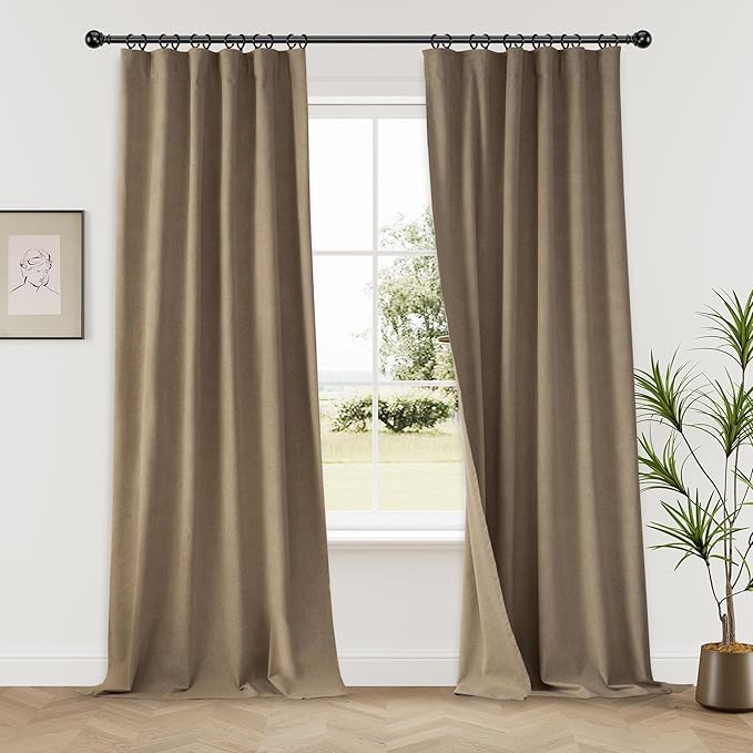 KangBang Linen Brown Blackout Curtains 96 Inches Long 2 Panel Set, Back Tab Thermal Insulated Curtains for Bedroom Living Room Hook Belt Rustic Drapes with Hooks for Track(Desert Biscuit, 52x96)