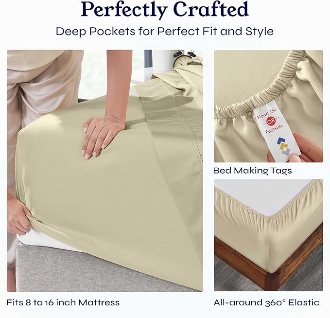 California Design Den King Size Sheets Set - Soft 400 Thread Count Sateen, Natural 100% Cotton Sheets with Deep Pockets, Breathable, Cooling and Durable Bedding Set - Beige (Golden Tone)