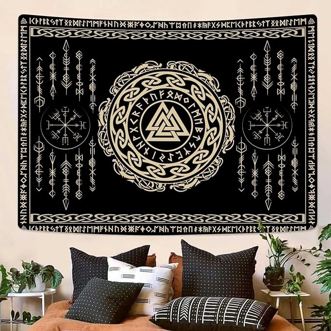 OSUNBD Nordic Viking Tapestry Wall Hanging - Small 60x51inches Soft Flannel with Valknut, Celtic Runes & Norse Mythology Scandinavian for Bedroom, Living Room Decor