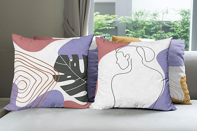 Ambesonne Minimal Throw Pillow Cushion Case Pack of 4, Modern Line Art Woman Portrait Contemporary Leafy Geometric Details, Modern Accent Double-Sided Digital Printing, 24", Lavender Amber Pale Rust