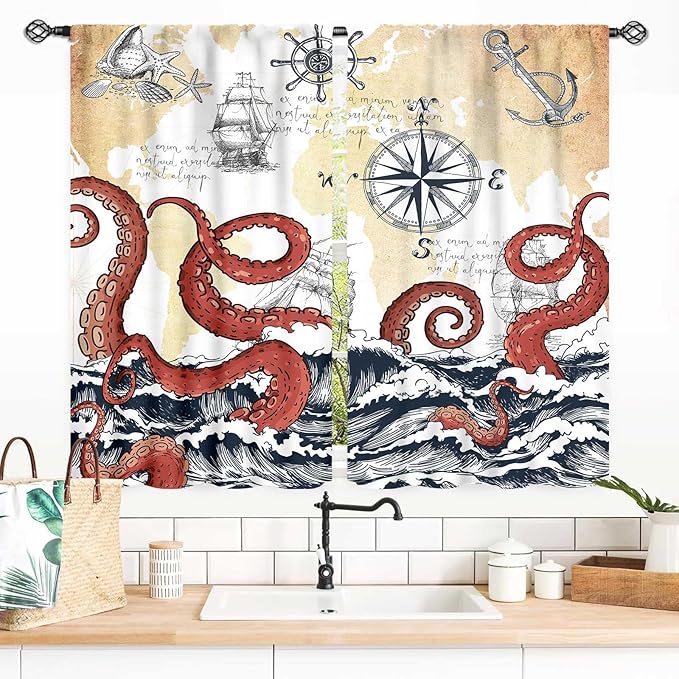 Nautical Octopus Curtains, Coastal Old Pirate Map Sailboat Compass Ocean Wave Kraken Octopus Tentacles Vintage Window Drapery Treatment for Bedroom Living Room Kitchen Bathroom 2 Panels, 55x39 Inch