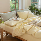 MooMee Bedding Duvet Cover Set 100% Washed Cotton Linen Like Textured Breathable Durable Soft Comfy (Heathered Butter Yellow, Cal King 104"x98")