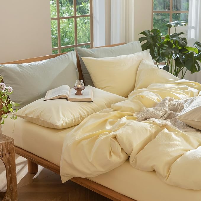 MooMee Bedding Duvet Cover Set 100% Washed Cotton Linen Like Textured Breathable Durable Soft Comfy (Heathered Butter Yellow, Cal King 104"x98")