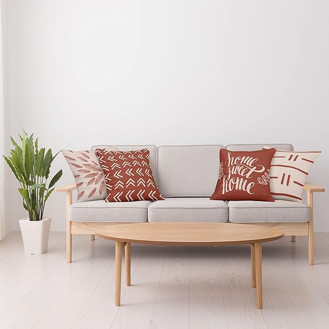 Ambesonne Modern Throw Pillow Cushion Case Pack of 4, Scandinavian Minimal Ornaments Boho Feather Leaves and Home Phrase Print, Modern Accent Double-Sided Digital Printing, 16", Pale Tan and Dark Rust