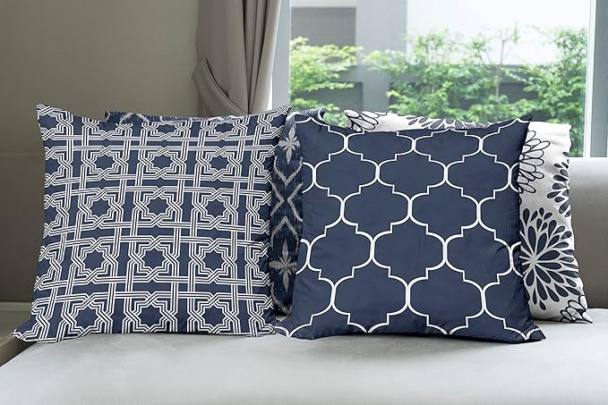 Ambesonne Vintage Throw Pillow Cushion Case Pack of 4, Quatrefoil Mesh Medieval Lattice Ornaments Ethnic Motive and Dahlia Flowers, Modern Accent Double-Sided Digital Printing, 16", Night Blue White