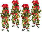 RECUTMS 4 Pack Artificial Plants Fake Hanging Flowers Faux Ivy Vines with LED Fairy Lights Plastic Outdoor UV Resistant for Home Window Garden Office Patio (Rose red)