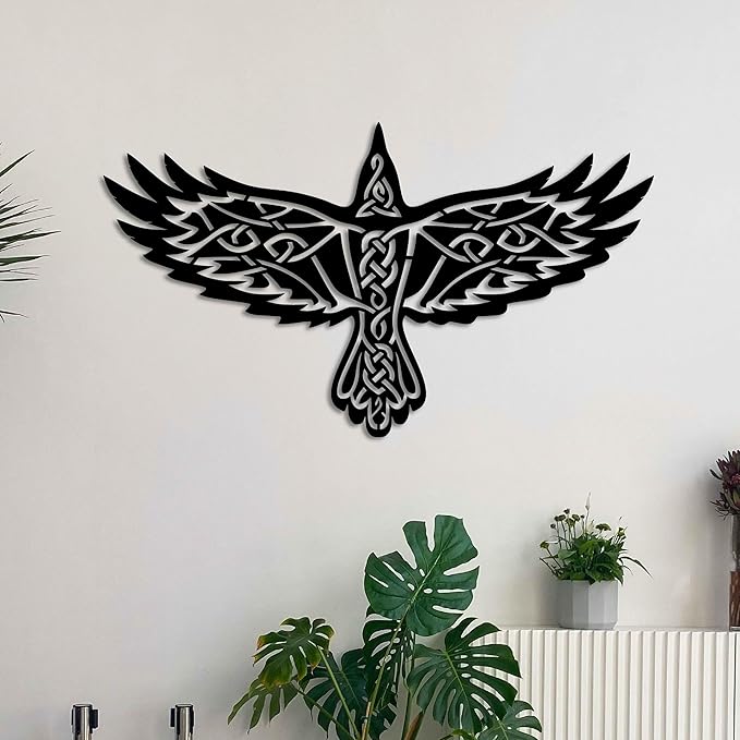 KAWA METALWORKS Nordic Viking Wall Art Decor, Norse Raven Metal Sculpture, Odin's Wall Decor, Mythology Art (Black, Small - 10.2" x 18" (H x W))