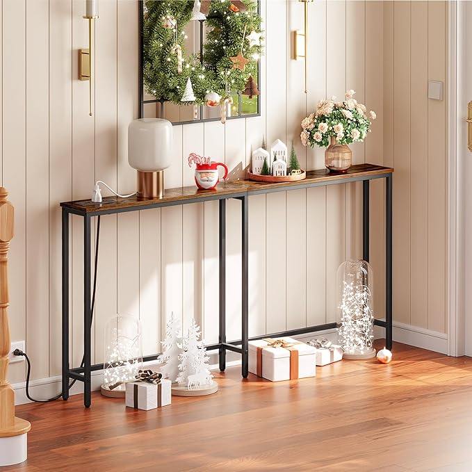HOOBRO 63" Narrow Console Table with Charging Station, 5.9" Sofa Table with 2 Power Outlets and USB Ports, Long Entryway Tables Behind Couch Table, for Hallway, Living Room, Rustic Brown BF165UXG01