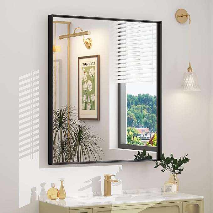 28x32 Inch Black Rectangle Bathroom Mirror, Matte Black Framed Vanity Mirror for Wall, Square Corner, Anti-Rust, Hangs Horizontally or Vertically