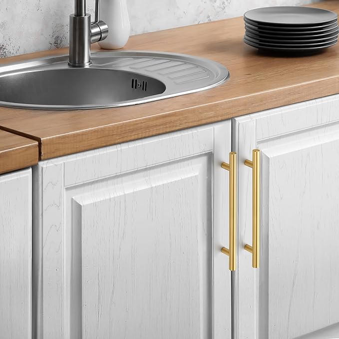 JOY DECOR 30 Pack Cabinet Handles, Gold Cabinet Pulls, 6-1/4 in Hole Center Kitchen Cabinet Handles, Stainless Steel T Bar Handles for Dresser Drawers