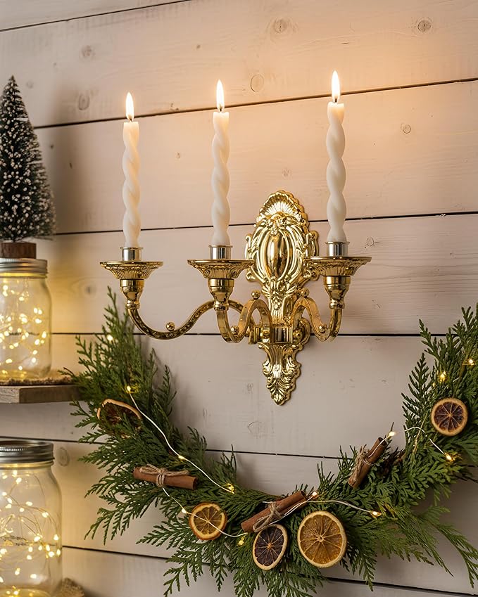3-Candle Wall Sconces,Victorian Metal Wall Mounted Candlestick,Gold Crown Candle Holders for Tapered Candle,Gothic Antique Candelabra,Brass Baroque Decor for Living Rooms Hallways(1pack