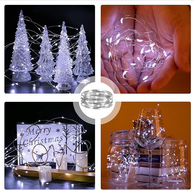 6PCS White Fairy Lights Battery Powered with Timer, 7ft 20LEDs Twinkle Mini Lights with Remote,Waterproof Small Silver Wire Firefly Starry for DIY Wedding Party Christmas