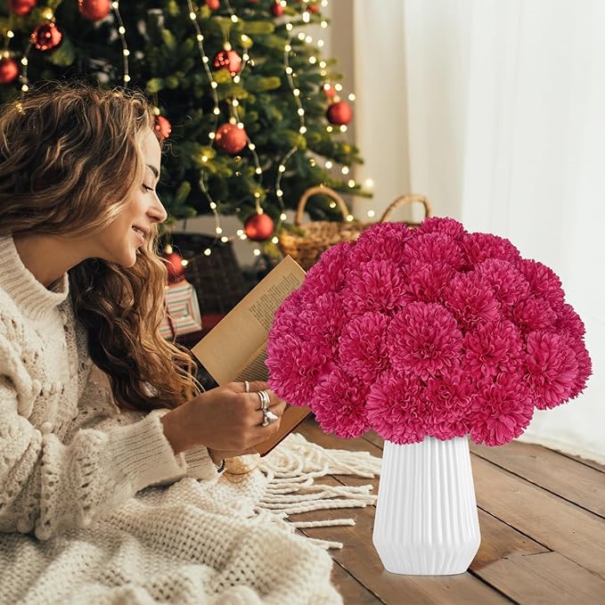 36 Pcs Artificial Chrysanthemums Flowers Hot Pink Flowers Fake Mums Silk Flowers for Christmas Wedding Floral Table Centerpiece Home Decor