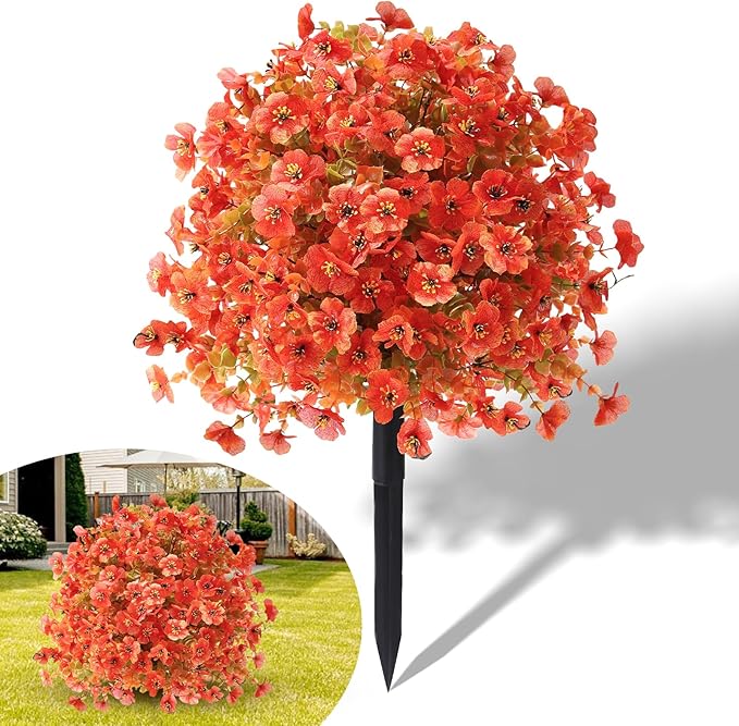 Artificial Mums Topiary Ball Tree With Flowers for Outdoors Fall Decor,23" Orange UV Resistant Fake Plants With Ground Spike Autumn Decorations for Home,Front Porch,Garden,Thanksgiving,Planters
