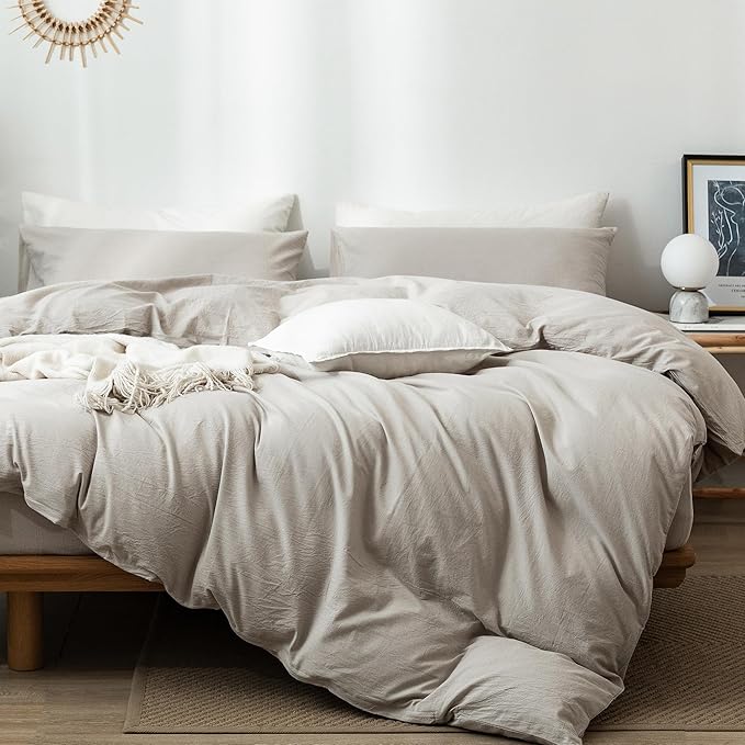 MooMee Bedding Duvet Cover Set 100% Washed Cotton Linen Like Textured Breathable Durable Soft Comfy (Heathered Cream Grey, Oversized King Plus 128"x120")