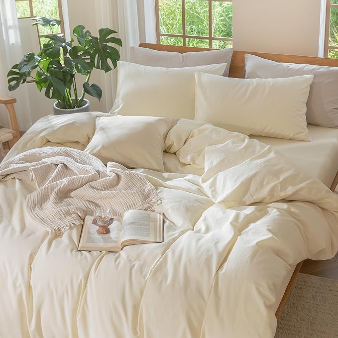 MooMee Bedding Duvet Cover Set 100% Washed Cotton Linen Like Textured Breathable Durable Soft Comfy (Solid Cream White, Super King 108"x98")