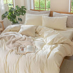 MooMee Bedding Duvet Cover Set 100% Washed Cotton Linen Like Textured Breathable Durable Soft Comfy (Solid Cream White, Palatial King/Oversized King 120"x98")