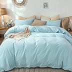MooMee Bedding Duvet Cover Set 100% Washed Cotton Linen Like Textured Breathable Durable Soft Comfy (Heathered Light Blue, King 104"x90")