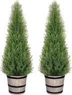 3FT Artificial Cedar Topiary Trees with Rustic Barrel Planter, Outdoor Indoor Realistic Faux Pine Shrubs Plants, Fake Cypress Trees for Home Offices Porch Decor, Set of 2