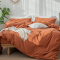 MooMee Bedding Duvet Cover Set 100% Washed Cotton Linen Like Textured Breathable Durable Soft Comfy (Solid Rust Brown, Twin 68"x90")