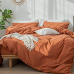 MooMee Bedding Duvet Cover Set 100% Washed Cotton Linen Like Textured Breathable Durable Soft Comfy (Solid Rust Brown, Twin 68"x90")