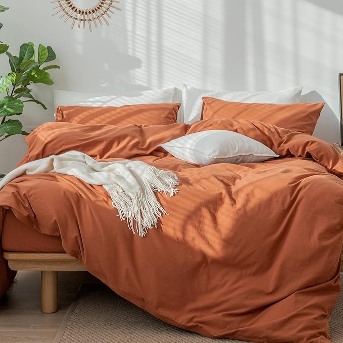 MooMee Bedding Duvet Cover Set 100% Washed Cotton Linen Like Textured Breathable Durable Soft Comfy (Solid Rust Brown, Full 80"x90")