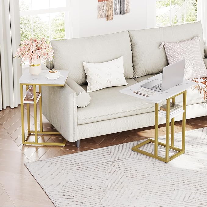 HOOBRO Foldable End Table, Gold C Shaped Side Table with Storage Shelf, Small Snack Table Suitable for Living Room Bedroom Small Spaces, Easy Assembly, Gold and Marble DM29SF01