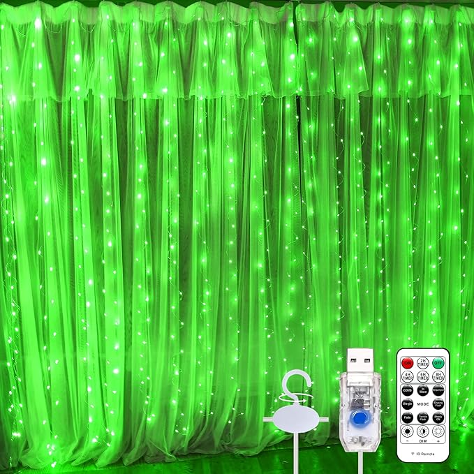 600LED Green Curtain Lights for Bedroom, 19.6ft x 9.8ft Fairy Curtain String Light with 24 Hooks, 8 Modes Hanging Lights for Wedding, Party, Backdrop, Window, Xmas Decor