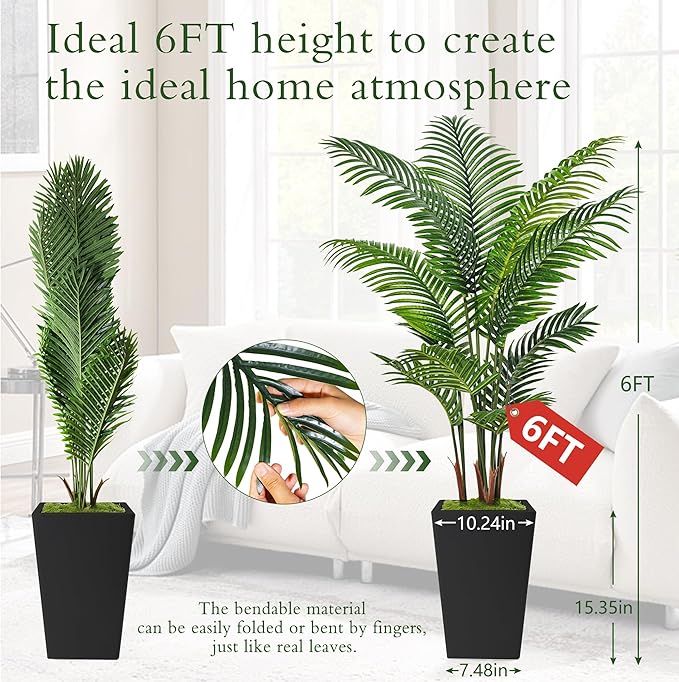 6FT Artificial Palm Tree, Tall Faux Palm Tree Indoor with Black Fake Plants Tall, Artificial Plants with Lifelike Leaves for Home Office Decor (Black)