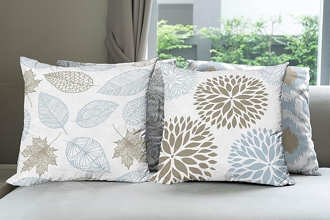 Ambesonne Vintage Throw Pillow Cushion Case Pack of 4, Bohemian Ornamental Leaves Dahlia Pattern Geometric Art Curlicue Motif, Modern Accent Double-Sided Digital Printing, 18", Blue Grey and Cocoa