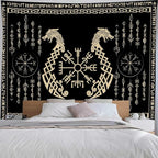 OSUNBD Nordic Vikings Tapestry, Large 10090 inches Soft Flannel, Vegvsir Symbol Twins Dragons Celtic Rune Scandinavian Aesthetic Mythology Tapestry Wall Hanging for Bedroom Living Room Decor