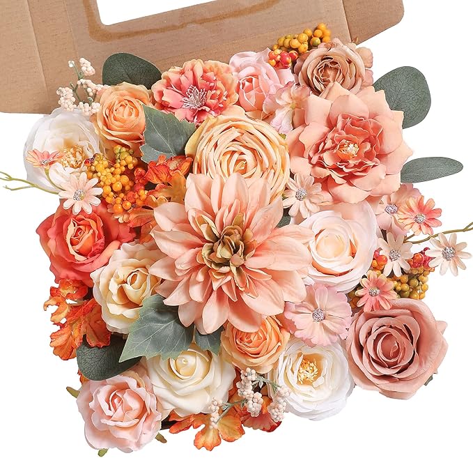 Artificial Flowers Box Set Real Looking Orange Silk Fake Flowers Combo with Stems for DIY Wedding Bouquets Bridal Shower Centerpieces Party Decorations(Orange Pink)