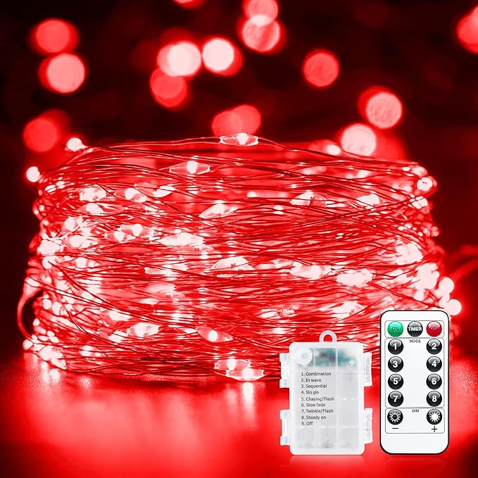 33Ft 100 LED Outdoor String Lights, Red Fairy Lights Battery Operated with Remote, Waterproof Twinkle Lights for Bedroom Dorm Patio Tapestry Backyard Garden Party Indoor Valentine's Day Decoration