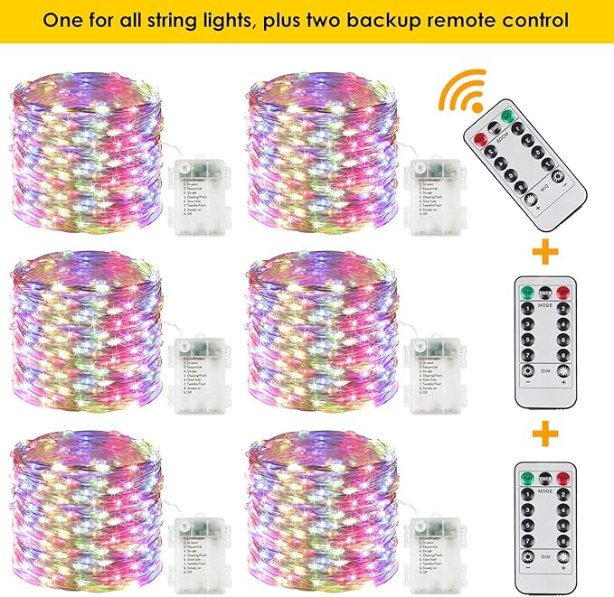 6-Pack 33FT 100 LED Fairy Lights Battery Operated with Remote & Timer, Fairy Christmas String Lights for Bedroom Decor, Waterproof 8 Modes Twinkle Lights for Room(Multicolor)…