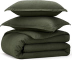Bedsure Cotton Duvet Cover Queen - 100% Cotton Waffle Weave Olive Green Duvet Cover Queen Size, GentleSoft™ and Breathable Bedding Set for All Season, 3 Pieces, 90"x90"