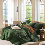 MooMee Bedding Duvet Cover Set 100% Washed Cotton Linen Like Textured Breathable Durable Soft Comfy (Solid Forest Green, Super Queen 90"x98")