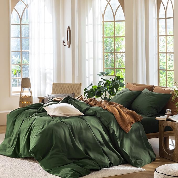 MooMee Bedding Duvet Cover Set 100% Washed Cotton Linen Like Textured Breathable Durable Soft Comfy (Solid Forest Green, Super Queen 90"x98")