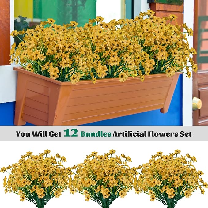 Lnoicy 12 Pcs Artificial Flowers for Outdoor,Plastic Flowers Decoration, UV Resistant Faux Flowers Shrubs, Artificial Plants for Indoor Outside Garden Home Wedding Farmhouse(Yellow)