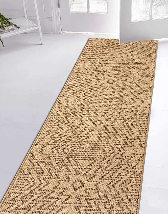 Custom Length Cut to Size Tribal Ethnic Southwestern Inspired Hallway Runner Rug, Non Slip Rubber Backed, 31 inch Wide X Customized Length, Inca Tan, 31 inch X 23 feet